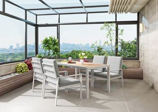 MeXo Gartenlounge-Set Gartenmöbel Set aus Aluminium mit Esstisch, (wetterfest, hoher Sitzkomfort, 5-tlg, bis 140 kg belastbar), mit pflegeleichte Polywood-Tischplatte, geeignet für 4 Personen