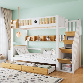 Merax 90x200cm Etagenbett mit Treppe, Reichlich Stauraum, Kinderbett mit 4 Schließfächer in der Treppe, mit Fallschutzgitter und 2 Schubladen, Offenes Regal, Weiß+Natur