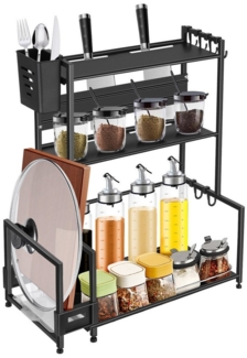 JEOBEST Gewürzregal Küche Gewürzhalter Gewürz Regal mit 3 Ebenen, Küchenregal, Küchenarbeitsplatten-Organizer mit 6 Haken, Schwarz
