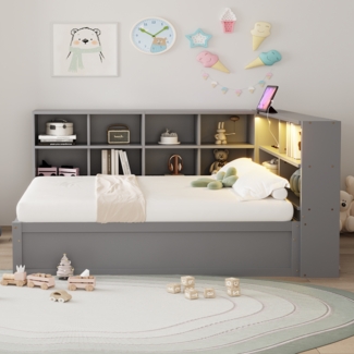 Bett 90x200 cm aus Massivholz mit Stauraum und LED-Beleuchtung