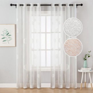 Jibenhome Gardine Voile Vorhänge mit Ösen Gardinen Transparent Vorhang Blumen Stickerei, 2 Set Ösenvorhang Gaze Schals Fensterschal für Wohnzimmer Schlafzimmer