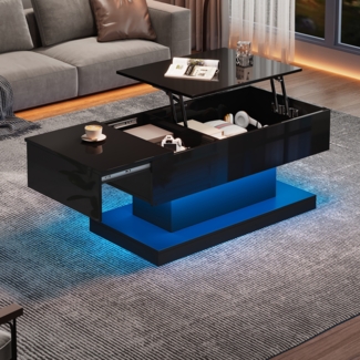 Merax Hochglanz-Lift-Teetisch LED Couchtische Kaffeetisch 100x50x45 cm mit LED-Beleuchtung – Halbhebbares Tischblatt und seitlich verschiebbares Design, hydraulischer Lift und Stauraum , Schwarz