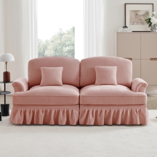 Elegantes großes 2-Sitzer Sofa, mittelalterlich-moderner Stil, flared Armlehnen, abnehmbarer Volant, Holzbeine, bequemer Chenille-Stoff, ideal für Wohnzimmer, rosa