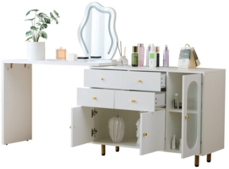 REDOM Schminktisch mit ausziehbare Tischplatte (Kosmetiktisch-Set, 4 Schubladen, 3 Türen, ohne Hocker), mit Spiegel und 3-farbige Beleuchtung, B100/H76/T40 cm
