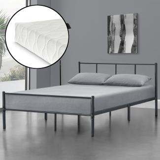 en.casa Laos Metallbett, Doppelbett 140x200 cm, dunkelgrau, mit Matratze und Lattenrost