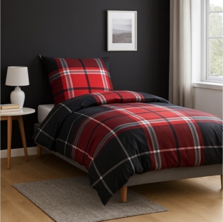 Casa Colori Bettwäsche Biber Bettwäsche 135x200 Anthrazit Grau Rot kariert, Biber, 2 teilig, 100% Baumwolle