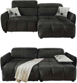 ECKSOFA mit elektrische Sitztiefenverstellung, Kopflehnen verstellbar, USB-C und -A Ladefunktion B260/T191/H106 cm, Velours Anthrazit Schwarz
