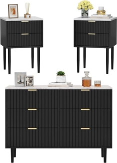 UEV Schlafzimmer-Set, 3er-Set Schlafzimmermöbel in Marmoroptik, (Kommode mit 6 Schubladen und 2er-Set Nachttisch marmor), Sideboard mit Kisppschutz, mit Soft-Close