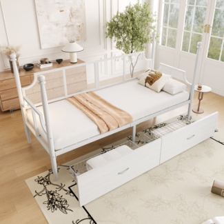 Merax Einzelbett Eiseneinzelbett Eisenbettsofa 90*200cm, Netzrückenlehne und Armlehnen im Vintage-Stil, Metallrahmen mit Ablagefächern, Teenagerbett, Weiß