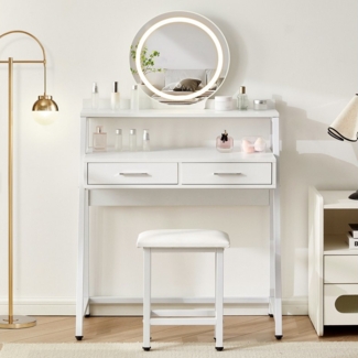 Ofcasa Schminktisch Runder Spiegel, Eisengestell- Vanity-Set mit zwei Schubladen