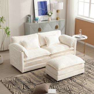 OKWISH Sofa Modernes 2-Sitzer-Loungesofa mit Chenille-Stoff & Fußstütze,Kindersofa, ideal für Wohnzimmer & Schlafzimmer, inklusive seitlicher Aufbewahrung und Kissen, ideal für Wohnzimmer & Schlafzimmer