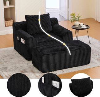 Flieks Relaxsessel mit Hocker, Einzelsofa mit Seitentaschen, für Wohnzimmer, Schlafzimmer und Studie, Cord, Schwarz
