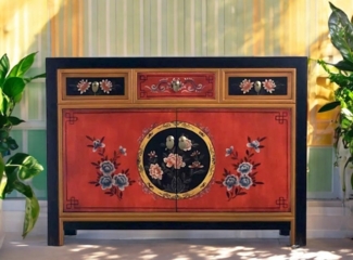 Vintage Kommode Orange Schwarz chinesisch Schrank Sideboard Kolonial-Stil Antik-Stil Lowboard asiatisch orientalisch Fernost shabby-chic Landhaus