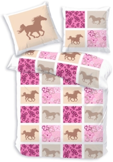 Träumschön Bettwäsche Premium Set aus Baumwolle 135x200 cm, Kinderbettwäsche Karo Pferd rosa, Baumwolle, 2 teilig, mit Reißverschluss, luftig und leichte Sommerbettwäsche für Kinder