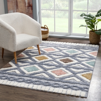 Teppich Wohnzimmer Hochflor - 160x230cm - Einfarbig - Pastell Multi - Boho - Modern Raute Ornamente - Skandinavisch Flauschig Weich - Schlafzimmer
