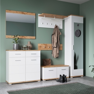 Garderoben-Set 6-teilig mit Garderobenschrank in weiß mit Eiche HUESCA-129