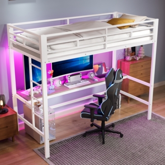 Merax Hochbett, 90*200 cm, Geländer, Trittleiter, Tisch mit USB und Steckdose, Wire Control Light Strip, App-fähiges ferngesteuertes Umgebungslicht, Metall, Weiß