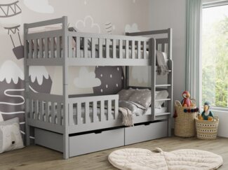 Deine Möbel 24 Etagenbett MICO für 2 Kinder 90x200 GRAU Hochbett Kinderbett aus Massivholz (Matratzen optional, Bett mit Lattenrost, 2 Schubladen, Leiter und Rausfallschutz), aus Vollholz Kiefernholz, in 2 Einzelbetten umbaubar