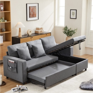 KLAM HOME 3-Sitzer Schlafsofa mit Seitentasche und Bettkasten Polstermöbel Ecksofa L-Form, Wohnzimmer-Schlafsofa Sofa-Chaiselongue