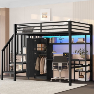 Flieks Hochbett Kinderbett Metallbett 140x200cm mit LED, Kleiderschrank, Schreibtisch
