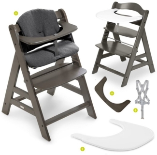 Hauck Hochstuhl Alpha Plus Charcoal, Holz Kinderhochstuhl mit Essbrett, Sitzkissen verstellbar, mitwachsend