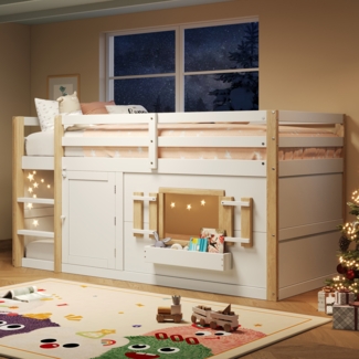 Merax Hochbett, Kinderbett, Etagenbett (90 x 200 cm), multifunktionales Kinderbett mit Leiter, unterbaubar zur Spielfläche, ohne Matratze, weiß