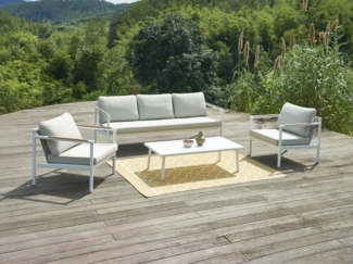 Vente-unique - Garten-Sitzgruppe: 1 Sofa 3-Sitzer, 2 Sessel & 1 Tisch - Aluminium - Weiß & beigefarbene Kissen - LAKIT von MYLIA