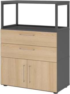 bümö flexi Schrank mit Flügeltüren, Regal & 2 Schubladen in Graphit/Eiche, Büroschrank mit werkzeuglosem Schnellmontage-Klicksysten in modularer Bauweise, FW38K1RG-G-E-BS
