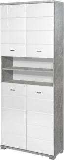 Stella Trading Pool Badezimmer Hochschrank Optik, Moderner Badezimmerschrank Bad Schrank mit viel Stauraum, Holzwerkstoff, Beton/Weiß, 76 x 190 x 31 cm