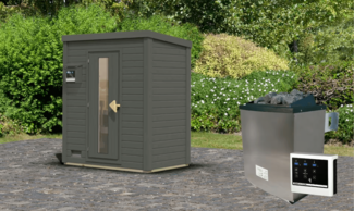 Karibu Sauna Hytti 0 terragrau mit 9 kW Ofen mit externer Steuerung