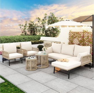Ulife Gartenlounge-Set Gartenmöbel Set Rope Lounge für 6 Personen mit Eisenrahmen, 2 Eckbänke, 2 Sessel, 1 Couchtisch, 1 Beistelltisch