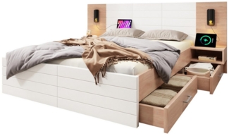 HAUSS SPOLE Polsterbett 180×200cm mit 2 Schubladen, Leselicht mit USB Ladefunktion, Eiche/Weiß (Doppelbett, Holzbett, 1-tlg, 180×200cm, Ohne Matratze), mit 2 Schubladen, 2 Nachtkommode, Leselicht&USB Ladefunktion