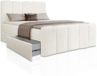 Juskys Boxspringbett Manitoba mit Bettkasten - Bouclé-Stoff, Gepolstertes Kopfteil mit Steppung & Stabile Konstruktion, Topper inklusive - Creme