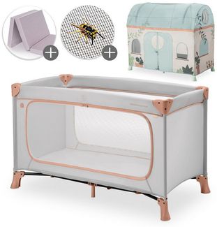 Hauck Baby-Reisebett Dream N Play Plus - Dusty Cork / Plants, Kinderreisebett mit Eingang, Matratze, Moskitonetz & Spielzelt faltbar
