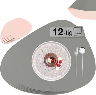 SÄNGER organische Tischsets & Untersetzer aus Kunstleder 12 teilig für 6 Personen, Rosa + Grau