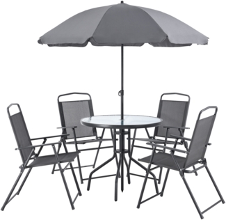 DELUKE® Gartenmöbel Set 6-teilig mit Sonnenschirm RHYNO - Wetterfest | Gartentisch Gartenstühle Terrassenmöbel Set 4 Personen Outdoor Sitzgruppe 4er Sitzer, Grau