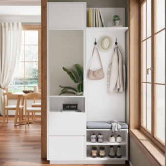 Merax Kompaktgarderobe mit Spiegel und Sitzbank, Flurgarderobe mit Schuhschrank und Haken, Kleiderhaken, Kompaktgarderobe, Flurmöbel Set, Flurgarderobe, Weiß