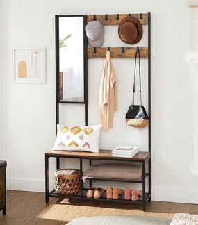 Vasagle Garderobenständer mit Spiegel, Haken, Schuhregal, Holzspanplatte Vintagebraun/Schwarz, 98 x 36 x 185 cm