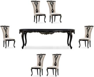 Casa Padrino Luxus Barock Esszimmer Set Creme / Schwarz / Gold - 1 Barock Esstisch & 6 Barock Esszimmerstühle - Luxus Esszimmer Möbel im Barockstil - Prunkvolle Barock Esszimmer Möbel