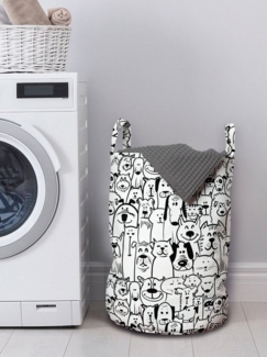 Abakuhaus Wäschesäckchen Wäschekorb mit Griffen Kordelzugverschluss für Waschsalons, Hunde Monochrom-Gekritzel-Kunst Tiere