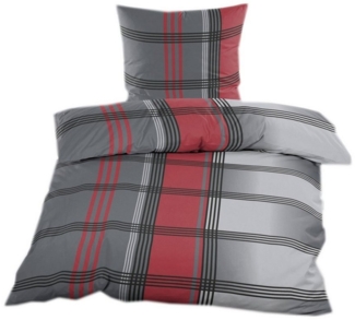 Casa Colori Bettwäsche Biber 135x200 cm mit Reißverschluss 2tlg. oder 4tlg, Biber, 2 teilig, in Anthrazit Grau Rot kariert