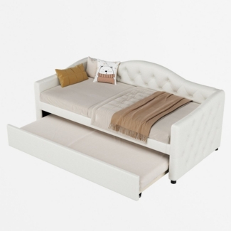 HAUSS SPOLE Polsterbett mit ausziehbarem Bett, Leinen, einfaches Styling, beige Ohne Matratze (mit ausziehbarem Einzelbett, Leinen, minimalistisches Styling, 90x200 cm), ohne Matratze