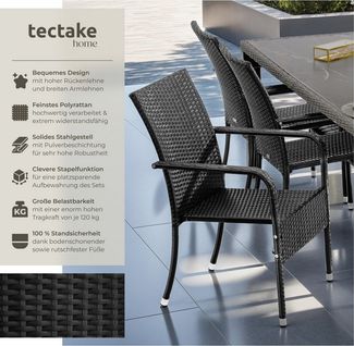 tectake Rattanstuhl Gartenstuhl Girona, stapelbar, Belastbarkeit 120 kg, 58 x 67 x 90 cm (Set, 6 St), Pulverbeschichtetes Stahlgestell für enorme Stabilität