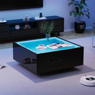 Couchtisch 70x70x36 cm, quadratischer Glastisch schwarz, Hochglanzoberfläche, LED-Lichtleiste steuerbar per App