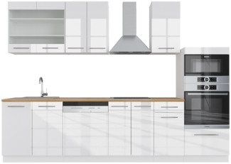 Küchenzeile Fame-Line Weiß Hochglanz/Weiß 300 cm mit Hochschrank, AP Eiche Vicco