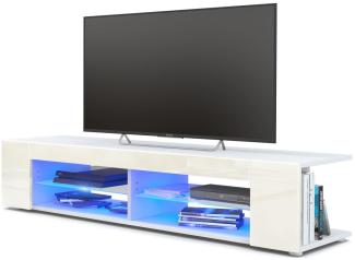 Vladon Lowboard Movie, TV-Kommode mit 4 offenen Fächern und Zierleisten, Weiß matt/Creme Hochglanz, inkl. LED-Beleuchtung blau (134 x 29 x 39 cm)