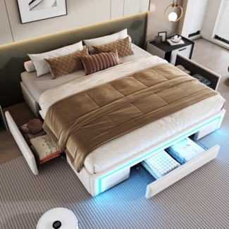 Merax Polsterbett 180x200cm ohne Kopfteil, Doppelbett Jugendbett mit Schubladen und Led, Stauraumbett, Beige
