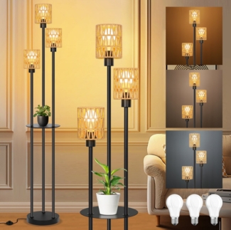 MUPOO Stehlampe Rattan Stehlampe Wohnzimmer,3-flammige Vintage Stehleuchte mit Regal, Modern Stehlampe Dimmbare mit Rattan Lampenschirm&Fußschalter
