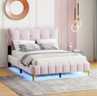 Fanttik Polsterbett Doppelbett mit LED Licht 140x200cm (mit Rückenlehne mit Lattenrost Samtstoff), Modernes Jugendbett,Doppelbett