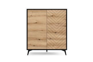 MOEBLO Kommode Onyks KD104 (Sideboard Wohnzimmer Kommode Schlafzimmer Komodenschrank Highboard, schwarz/eiche Evoke Fischgrät, moderne Design)